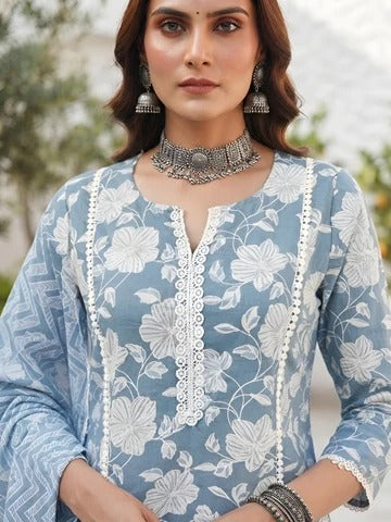 Blue Printed Straight Kurta Set With Dupatta for Women