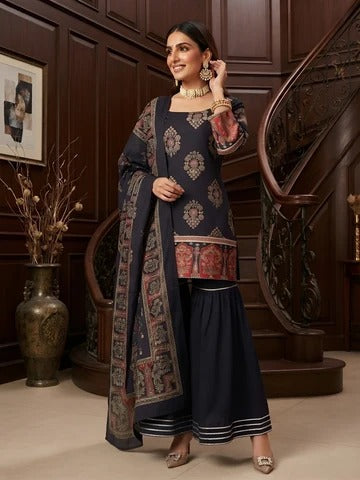 Black Printed Straight Sharara Set With Dupatta for Women