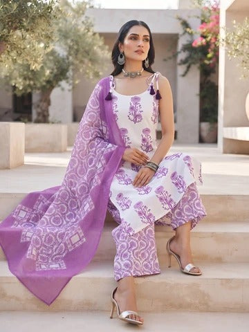 White Printed Straight Kurta Set With Dupatta for Women