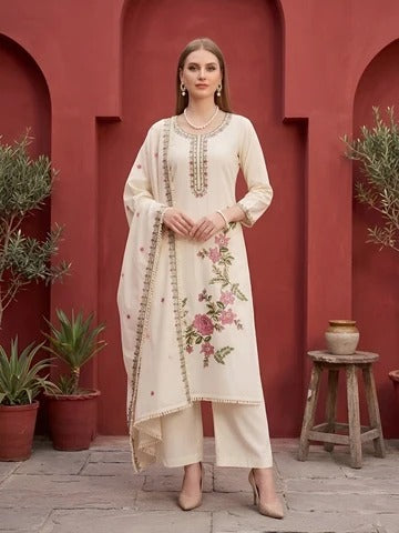 Beige Embroidered Kurta Set With Dupatta for Women