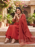Plus Size Women Red Embroidered Kurta With Palazo & Dupatta