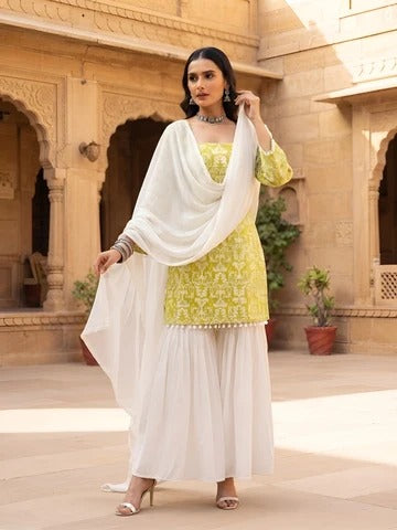 Lime Green & White Sharara Set With Dupatta for Women