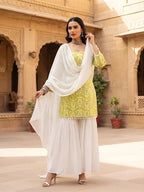 Lime Green & White Sharara Set With Dupatta for Women