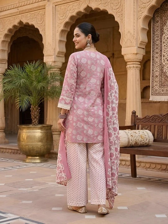 Mauve Printed Straight Kurta Set With Dupatta for Women