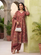 Burgundy Printed Anarkali Kurta Set With Dupatta for Women