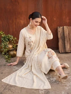 Beige Embroidered Kurta Set With Dupatta for Women