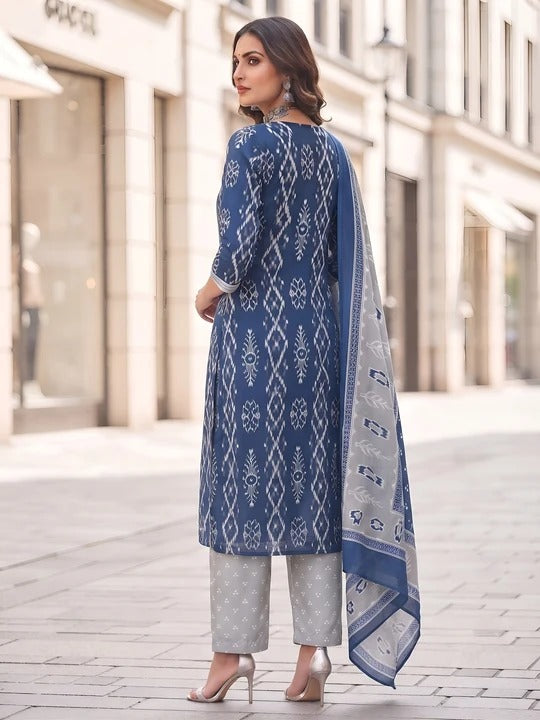 Blue Printed Straight Kurta Set With Dupatta for Women