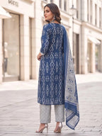 Blue Printed Straight Kurta Set With Dupatta for Women