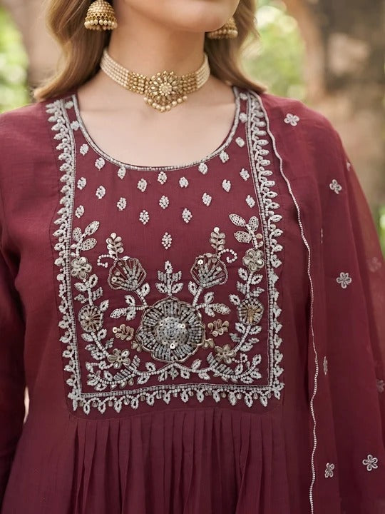 Maroon Embroidered A-Line Kurta Set With Dupatta for Women