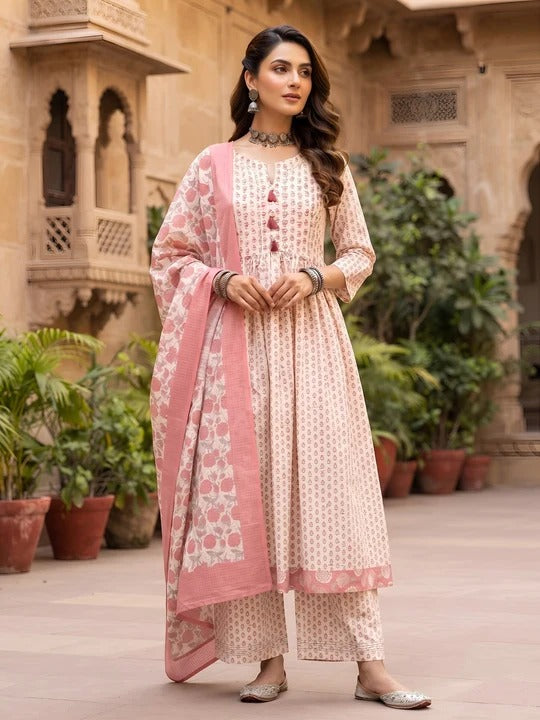 Off White Anarkali Kurta Set With Dupatta for Women