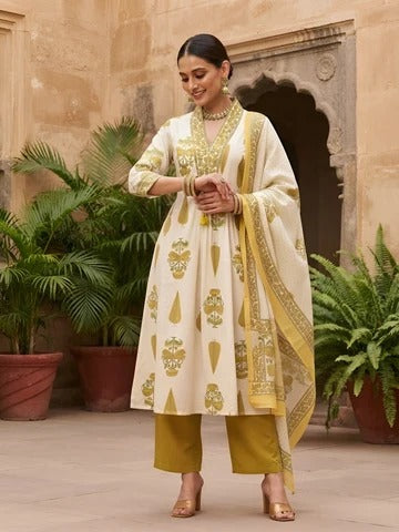 White Printed Anarkali Kurta Set With Dupatta for Women