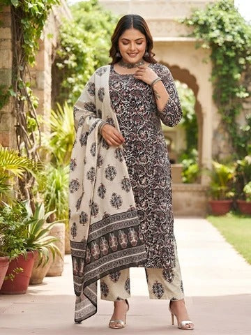 Plus Size Women Multicolor Printed Straight Kurta With Palazo & Dupatta