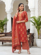 Rust Printed Straight Kurta Set With Dupatta for Women