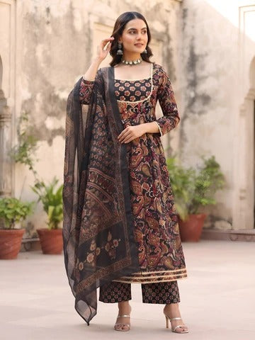 Black Printed Anarkali Kurta Set With Dupatta for Women