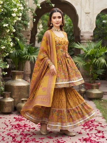 Mustard Printed Peplum Kurta Set With Dupatta for Women