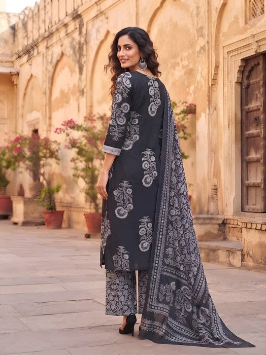 Black Printed Straight Kurta Set With Dupatta for Women