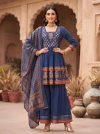 Blue Printed Peplum Kurta Set With Dupatta for Women