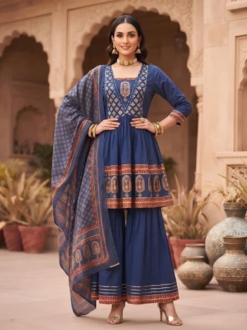 Blue Printed Peplum Kurta Set With Dupatta for Women