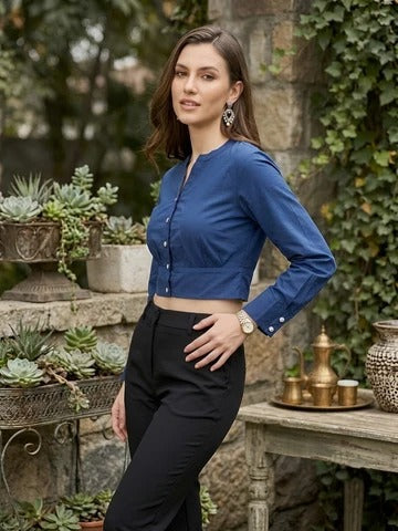 Women Solid Navy Blue Cotton Crop Top
