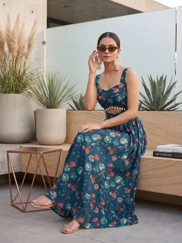 Teal Blue Floral Printed With Stylish Front Design Dress for Women