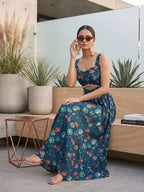 Teal Blue Floral Printed With Stylish Front Design Dress for Women