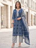 Blue Printed Straight Kurta Set With Dupatta for Women
