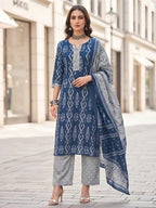 Blue Printed Straight Kurta Set With Dupatta for Women