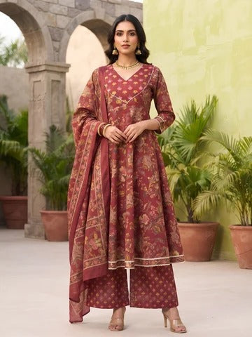 Burgundy Printed Anarkali Kurta Set With Dupatta for Women