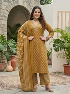 Plus Size Women Yellow Printed Straight Kurta With Palazo & Dupatta