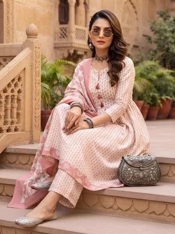 Off White Anarkali Kurta Set With Dupatta for Women