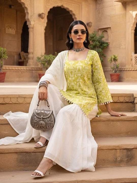 Lime Green & White Sharara Set With Dupatta for Women