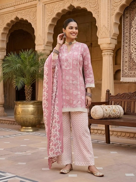 Mauve Printed Straight Kurta Set With Dupatta for Women