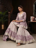 Lavender Printed Peplum Kurta Set With Dupatta for Women