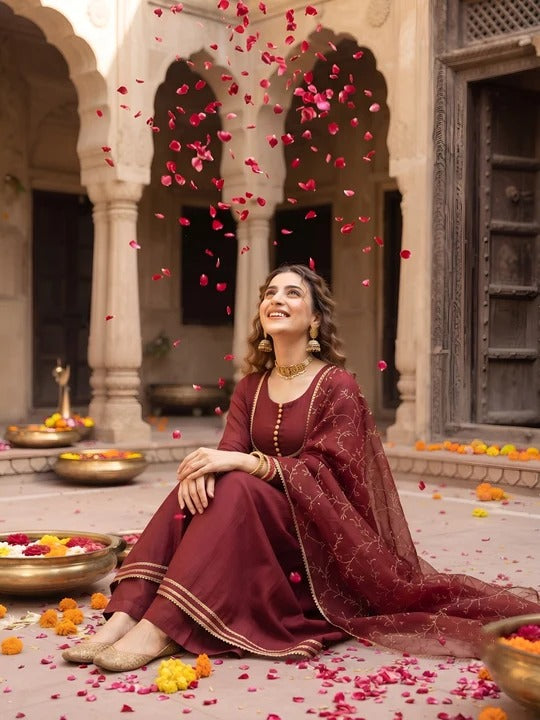 Maroon Anarkali Kurta Set With Dupatta for Women