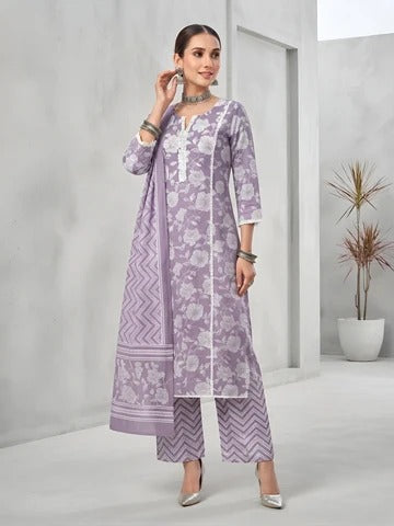 Lavender Printed Straight Kurta Set With Dupatta for Women