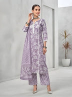 Lavender Printed Straight Kurta Set With Dupatta for Women