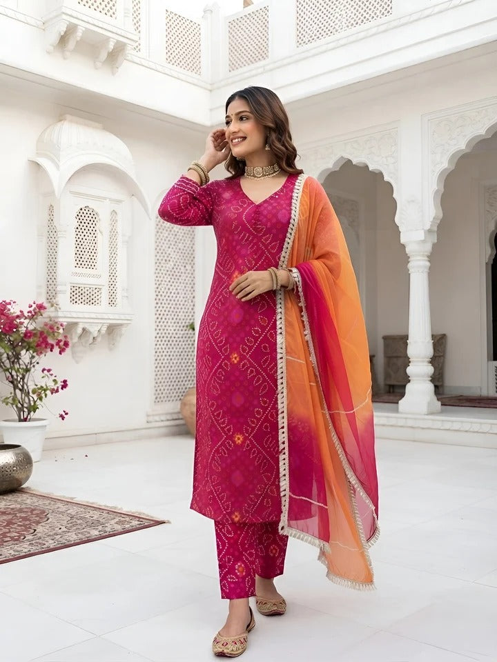 Megenta Pink Bandhani Printed Straight Kurta Set With Dupatta for Women