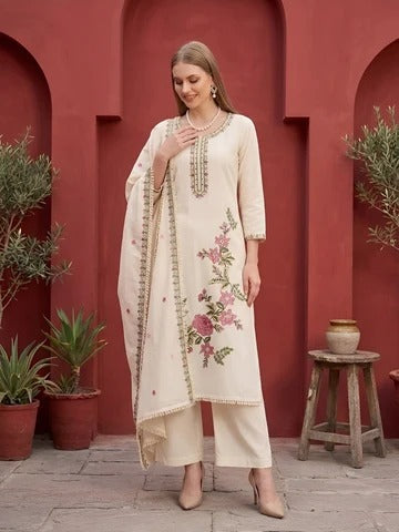 Beige Embroidered Kurta Set With Dupatta for Women