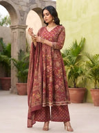 Burgundy Printed Anarkali Kurta Set With Dupatta for Women