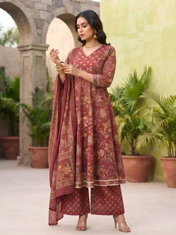 Burgundy Printed Anarkali Kurta Set With Dupatta for Women