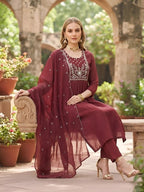 Maroon Embroidered A-Line Kurta Set With Dupatta for Women