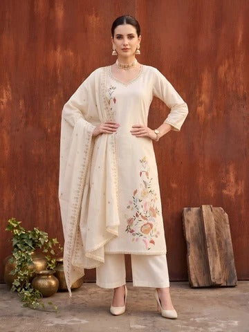 Beige Embroidered Kurta Set With Dupatta for Women