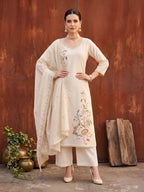Beige Embroidered Kurta Set With Dupatta for Women