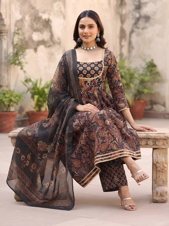 Black Printed Anarkali Kurta Set With Dupatta for Women