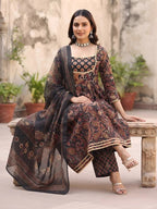 Black Printed Anarkali Kurta Set With Dupatta for Women