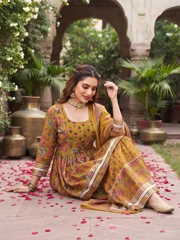 Mustard Printed Peplum Kurta Set With Dupatta for Women