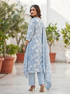 Blue Printed Straight Kurta Set With Dupatta for Women