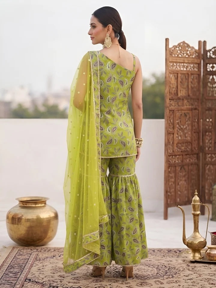 Green Printed Straight Kurta Set With Dupatta for Women