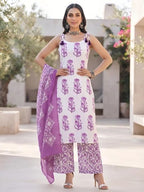 White Printed Straight Kurta Set With Dupatta for Women
