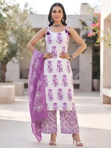 White Printed Straight Kurta Set With Dupatta for Women